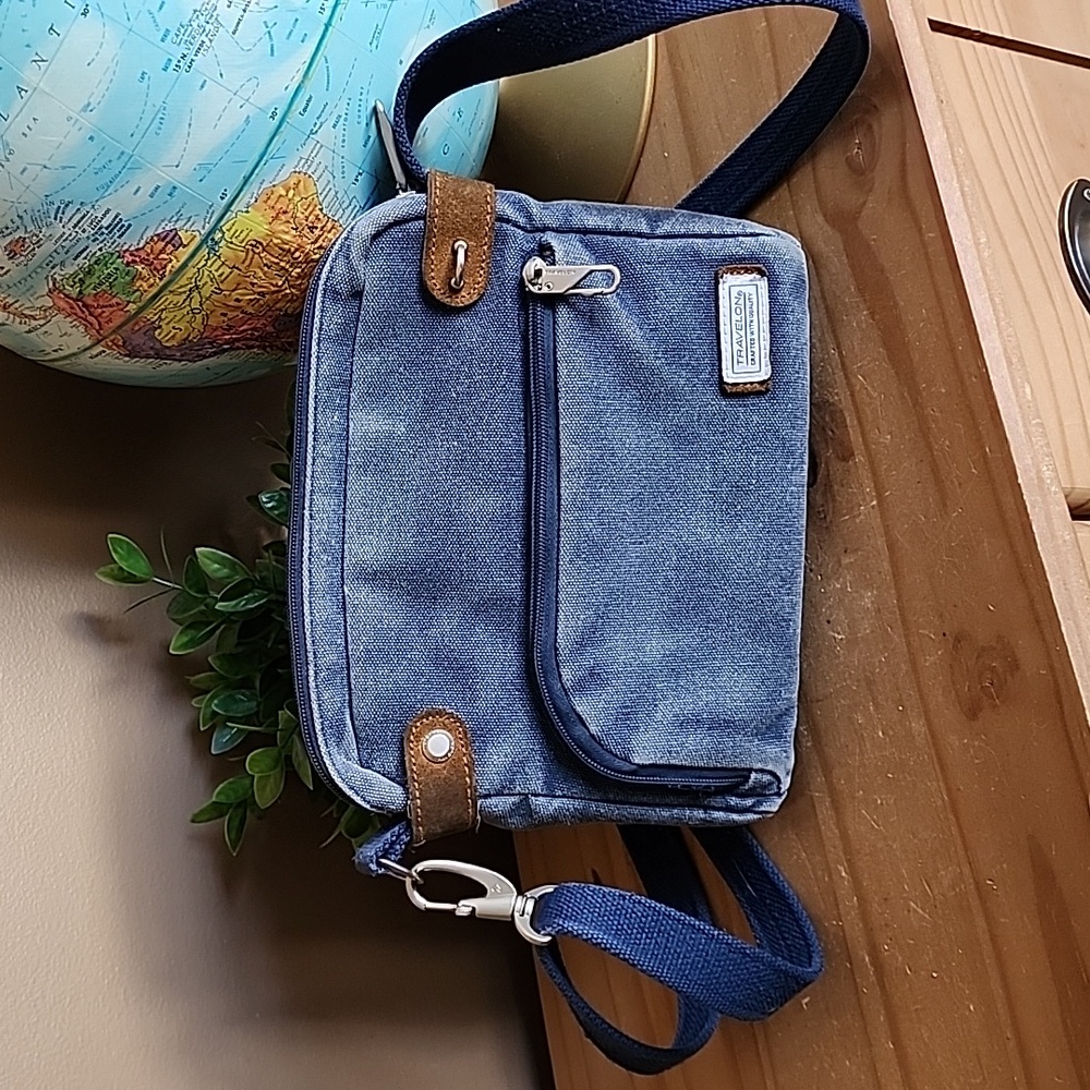 Travelon Denim Blue and Tan Crossbody Bag